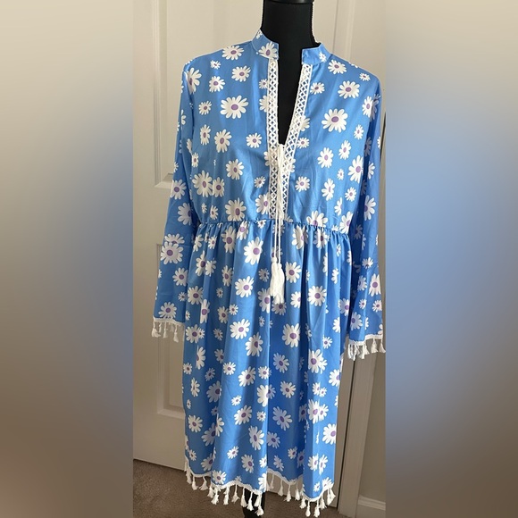 Blue Floral Mini Dress with Playful Tassels - Picture 1 of 6